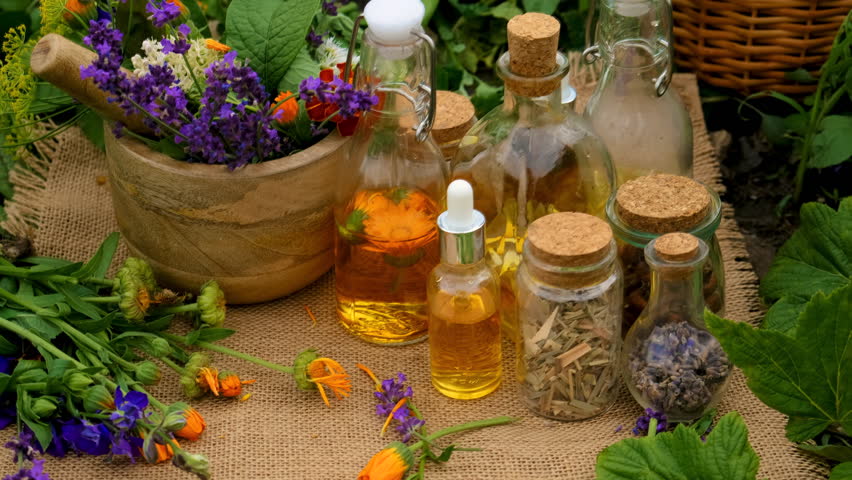 plant and herb tinctures and extracts. Selective focus.