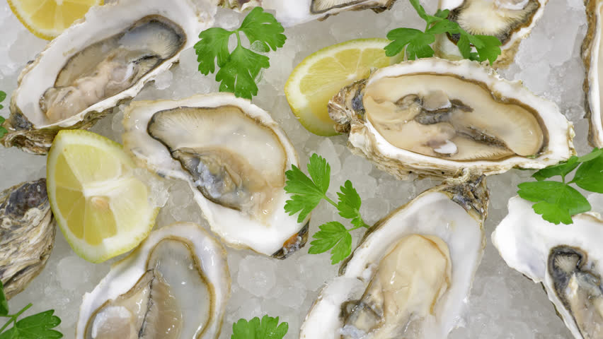 Oysters with lime on crushed ice. Edible raw seafood, view from top Royalty-Free Stock Footage #1106068235