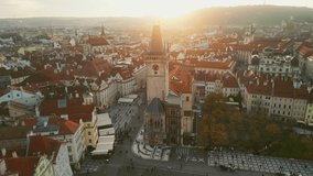 Orbital Flight of the Staromestske Namesti. Drone Shot of the Oldest Square in the Historical Center. Antique Area in the Czech Republic. Travel and Old City Concept