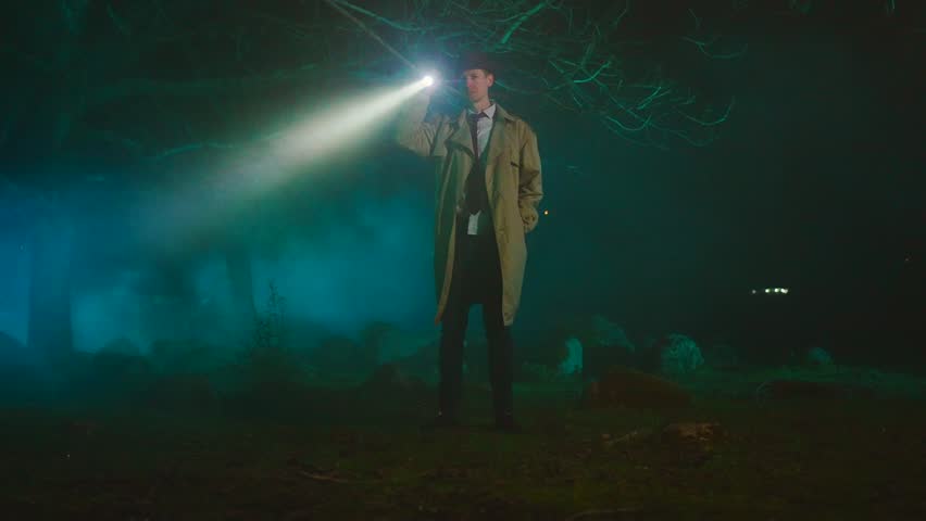 cinematic shot with retro style detective a man in a hat with a flashlight in his hands in a dark forest is searching for clues