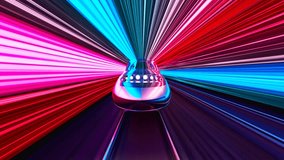 The high-speed train blazes through the neon-lit futuristic background, its sleek design and aerodynamic curves reflecting the glowing hues of the neon lights. Futuristic Sci-fi bullet train. 4k HD - Powered by Shutterstock - Get 15% off with code: PIKWIZARD15