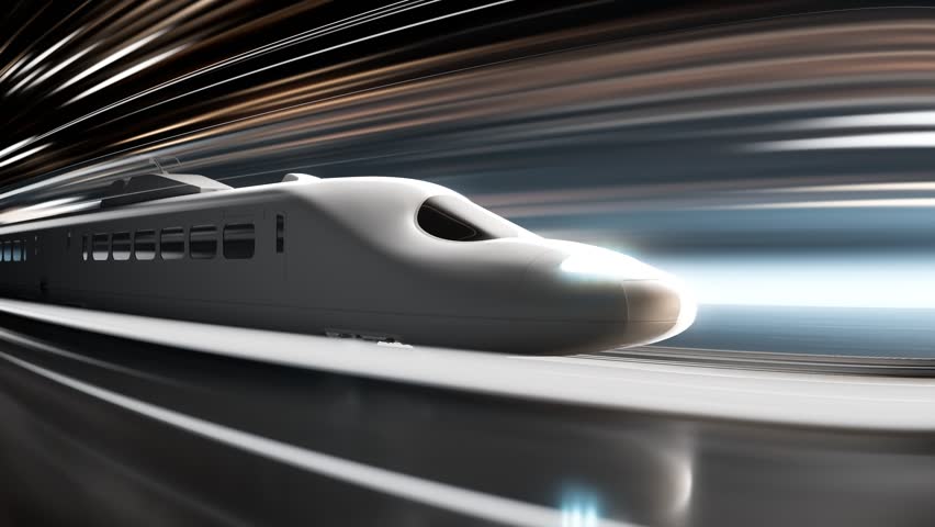 The high-speed train blazes through the neon-lit futuristic background, its sleek design and aerodynamic curves reflecting the glowing hues of the neon lights. Futuristic Sci-fi bullet train. 4k HD Royalty-Free Stock Footage #1106071891
