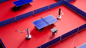 Two handy robots engage in a fierce game of table tennis in this looped 3D animation. The red floor and blue ping pong table provide a vibrant backdrop for their intense match. - Powered by Shutterstock - Get 15% off with code: PIKWIZARD15