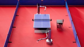 Two handy robots engage in a fierce game of table tennis in this looped 3D animation. The red floor and blue ping pong table provide a vibrant backdrop for their intense match. - Powered by Shutterstock - Get 15% off with code: PIKWIZARD15