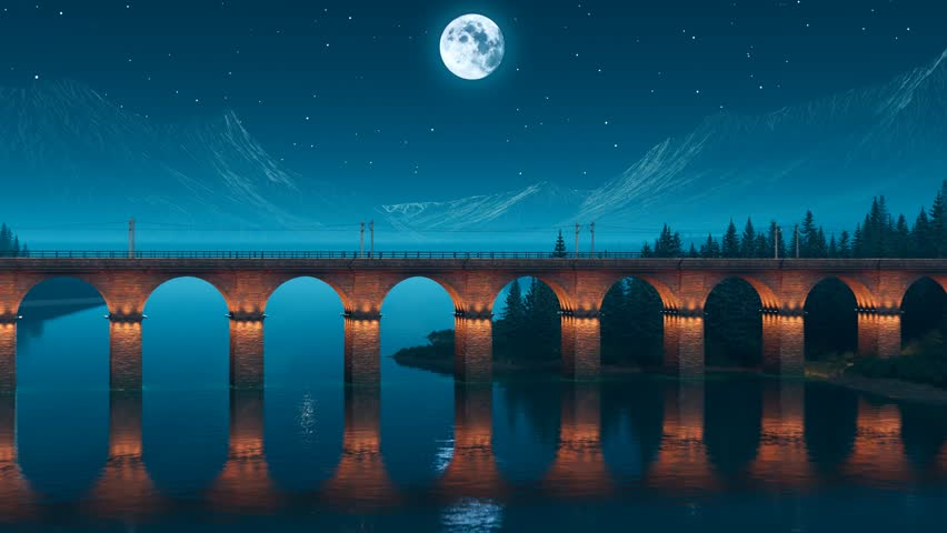 A long multi-arched stone bridge with warm under-arch lighting spans a calm body of water beneath a large full moon and starry sky. Snow-capped mountains and an evergreen forest frame the scene in a stylized blue and orange digital-art landscape with shimmering reflections.