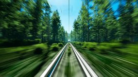 A high speed bullet train races through a stunning natural landscape of lush green forest, providing a thrilling and scenic ride for passengers as they zoom past the trees and foliage. - Powered by Shutterstock - Get 15% off with code: PIKWIZARD15