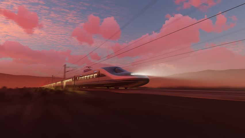 A high speed bullet train races through a desert landscape with mountains in the background. The pink and cloudy sky provides a beautiful backdrop as the train speeds towards the horizon. Royalty-Free Stock Footage #1106071937