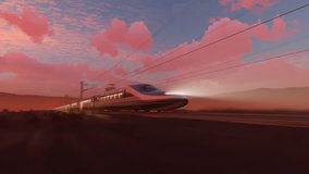 A high speed bullet train races through a desert landscape with mountains in the background. The pink and cloudy sky provides a beautiful backdrop as the train speeds towards the horizon. - Powered by Shutterstock - Get 15% off with code: PIKWIZARD15