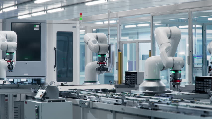 Advanced High Precision Robot Arms at Bright Electronics Factory. Fully Automated Modern PCB Assembly Line. Electronic Devices Production Industry. Component Installation on Circuit Board. Royalty-Free Stock Footage #1106071961