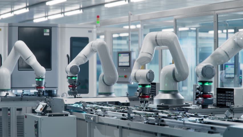 Advanced High Precision Robot Arms at Bright Electronics Factory. Fully Automated Modern PCB Assembly Line. Electronic Devices Production Industry. Component Installation on Circuit Board. Royalty-Free Stock Footage #1106071961
