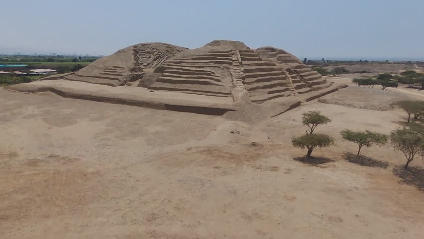 The Moche archaeological site of the Huaca de la Luna or the Moon Pyramid located in the northern desert of Peru near the city of Trujillo (aerial photography)