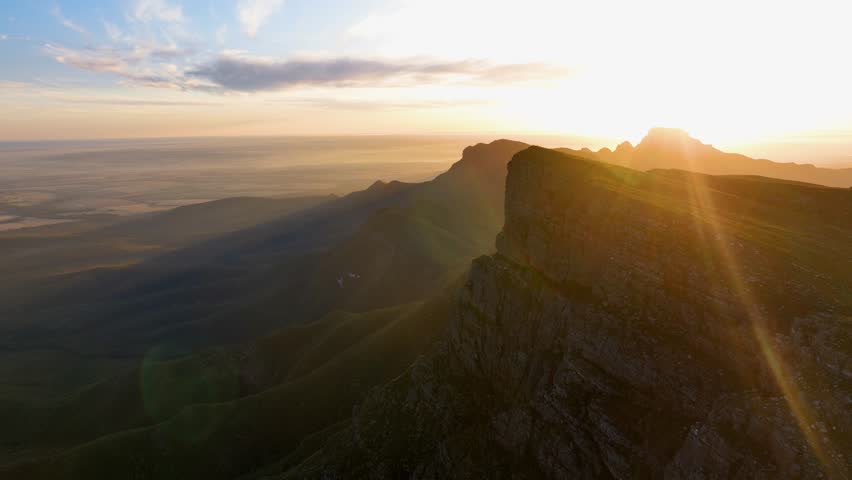 Aerial view of Bluff Knoll mountain range landscape at sunset in Western Australia, Australia.