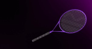 Animation of tennis racket moving and purple trails on black background. Education, school items and school concept, digitally generated video.