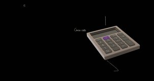 Animation of calculator moving and mathematical equations on black background. Education, digital interface and school concept, digitally generated video.
