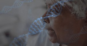 Animation of dna strands and chemical formula over nurse and senior biracial patient taking drip. Medicine, science and digital interface concept, digitally generated video.