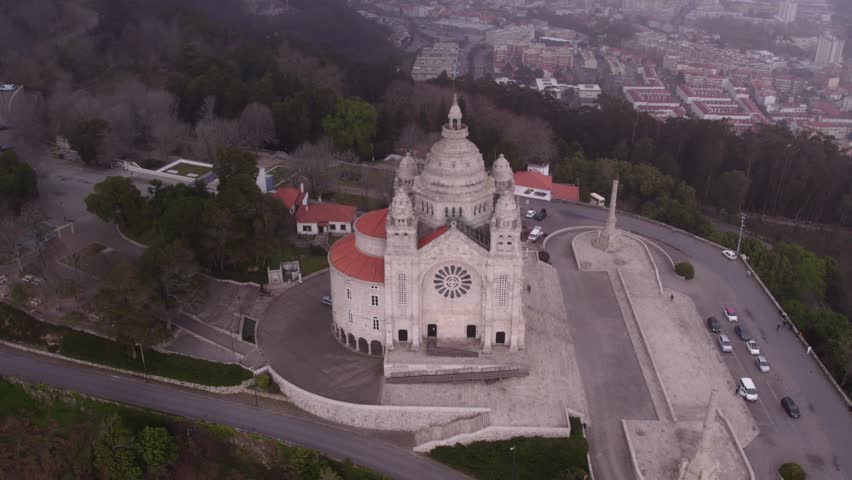 Reveal shot of Santuário de Santa Luzia at Viana do Castelo, Portugal, aerial
