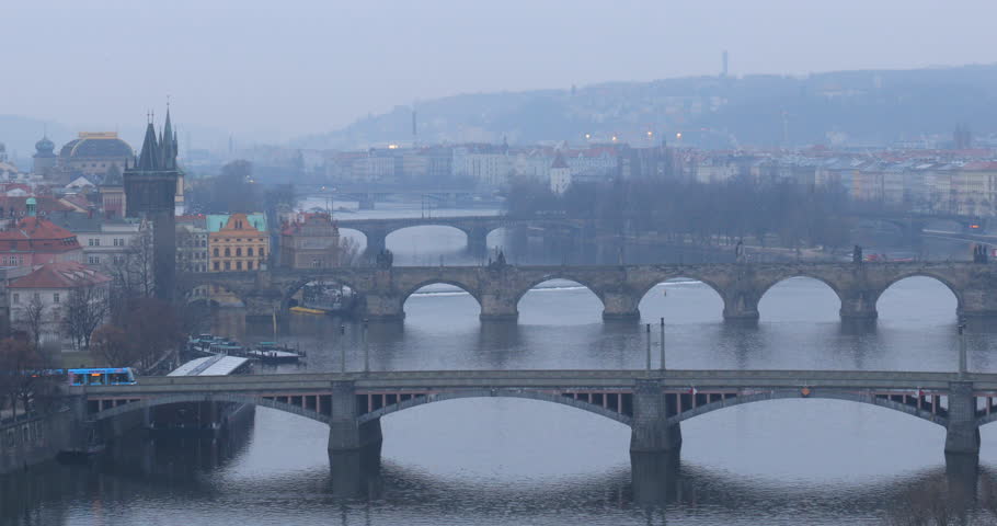 Looking over the rooftops of Prague and the Charles Bridge, Czech Republic.