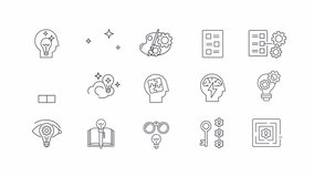 Creative thinking animation set. Idea generation animated line icons. Outside the box. Innovative solution. Black illustrations on white background. HD video with alpha channel. Motion graphic