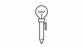 Pen with lightbulb animated icon. Writing down line animation. Light up. Creative process. Artistic expression. Black illustration on white background. HD video with alpha channel. Motion graphic