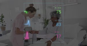 Animation of colourful cardiographs over diverse patient and doctor using tablet. Medicine, health and digital interface concept, digitally generated video.