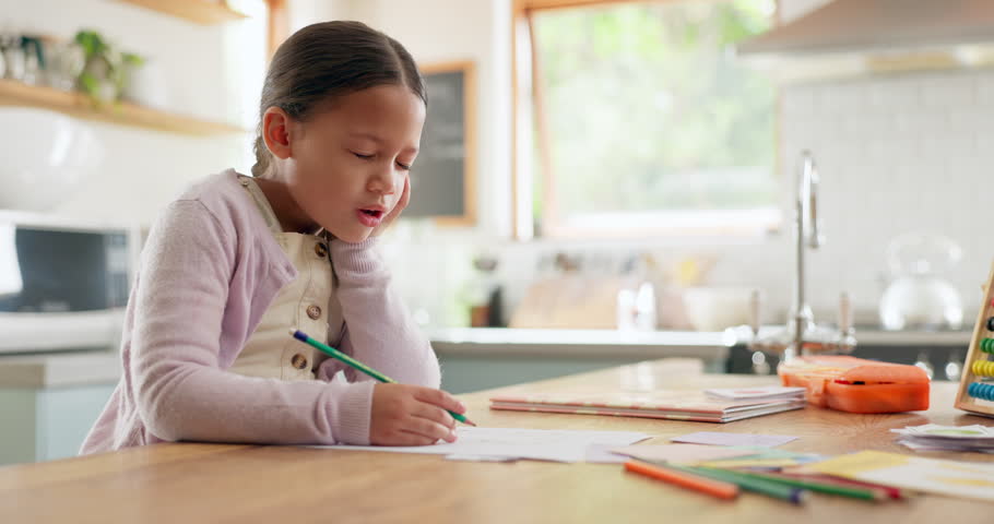 Tired, yawn and child with homework in kitchen, bored and doing project for education. Fatigue, morning or young girl with adhd yawning while drawing, learning writing or school knowledge in a house