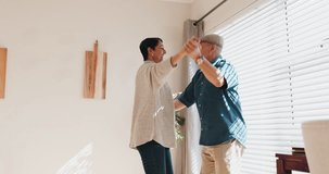 Twirl, smile and elderly couple slow dance, waltz and enjoy quality time together, romance and bonding. Living room music, home fun or happy senior man, old woman or marriage people with song track - Powered by Shutterstock - Get 15% off with code: PIKWIZARD15