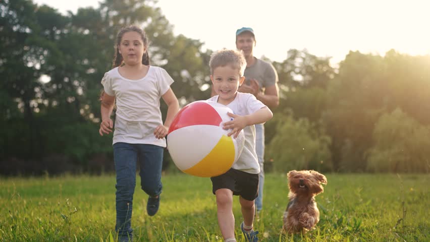 happy family. children and parents run in the park play ball. happy family kid concept. boy runs on grass in park holding the ball. group of children and parents family play in park run dream Royalty-Free Stock Footage #1106086925