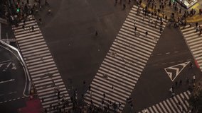 SHIBUYA, TOKYO, JAPAN : Top view of Shibuya crossing at night. Crowd of people walking at the crossing in busy rush hour. Japanese people and urban city life concept 4K video. Aerial time lapse shot.