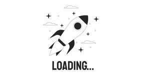 Ship in space bw loader animation. Shuttle In orbit. Rocket flying. Flash message 4K video footage. Isolated outline monochrome loading animation with alpha channel transparency for UI, UX web design