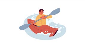Kayaking on lake cartoon animation. Leisure activity. Canoeing on river 4K video motion graphic. Water sport. Sea kayaker rowing with paddle 2D color animated character isolated on white background