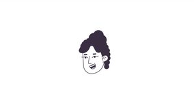 Curly hair bun smiling woman line 2D avatar icon animation. Curly hairstyle woman flat linear cartoon 4K video, alpha channel. Pretty lady animated person facial expression on white background