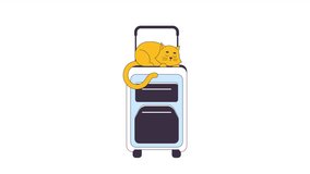 Cat sleeping on suitcase line cartoon animation. Resting kitten lying on luggage top 4K video motion graphic. Go on summer vacation pet 2D linear animated character isolated on white background