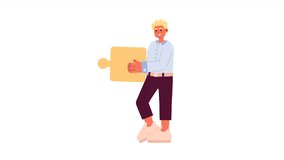Caucasian office man holding puzzle piece 2D animation. Cooperation teamwork 4K video motion graphic. Male employee. Collaboration partnership colorful animated cartoon flat concept, white background