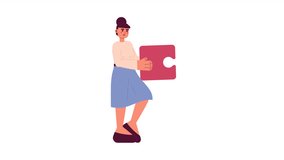Female office worker holding puzzle piece 2D animation. Employee assistance 4K video motion graphic. Merger connection. Corporate teambuilding colorful animated cartoon flat concept, white background