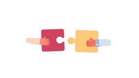 Hands joining puzzle pieces together 2D animation. Office teamwork 4K video motion graphic. Partnership success connection. Business matching colorful animated cartoon flat concept, white background