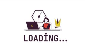 Female employee loader animation. Office worker typing on laptop at desk. Flash message 4K video. Isolated outline colour loading animation with alpha channel transparency for UI, UX web design