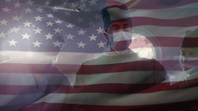 Animation of waving usa flag over team of diverse surgeons performing surgery at hospital. Medical healthcare and patriotism concept - Powered by Shutterstock - Get 15% off with code: PIKWIZARD15