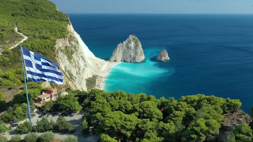 Biggest Greek flag and beautiful beach, Zakinthos, Ionian Islands, Greek Islands, Greece, Europe Royalty-Free Stock Footage #1106089603