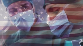 Animation of waving usa flag over team of diverse surgeons performing surgery at hospital. Medical healthcare and patriotism concept - Powered by Shutterstock - Get 15% off with code: PIKWIZARD15