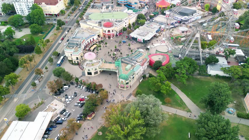 Aerial view of Prater amusement park and Vienna cityscape, Austria