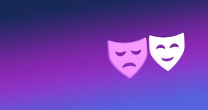 Animation of sad and happy masks moving on blue background. Education, school items and school concept, digitally generated video.