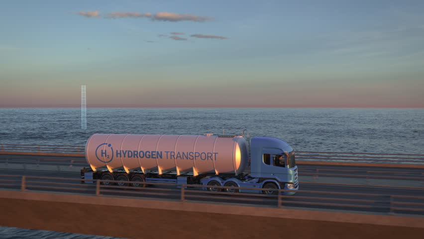 Offshore wind turbines building up behind a generic electric semi truck with hydrogen tank trailer driving along bridge. Expansion of renewable energies. Wind farm construction. Green energy concept Royalty-Free Stock Footage #1106096591