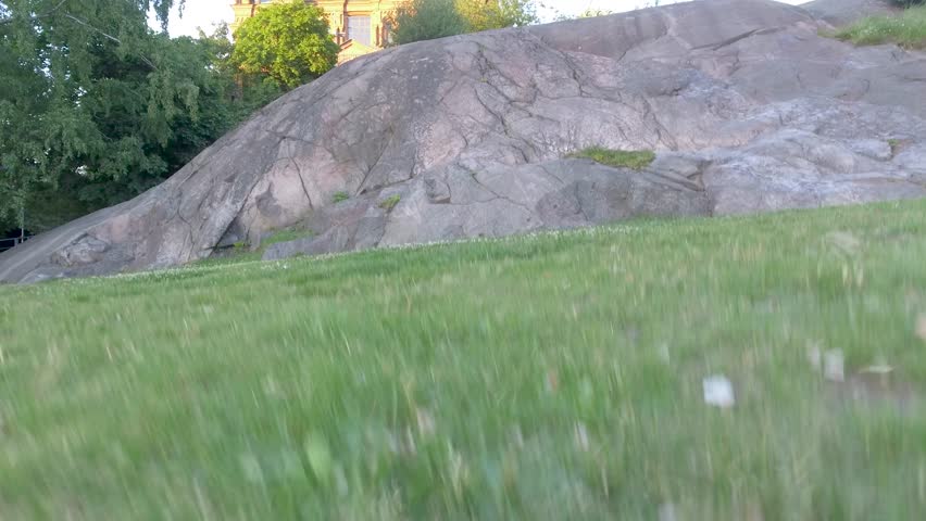 Aerial view of Helsinki at summer sunset, Finland. Going upward with Uspensky Cathedral