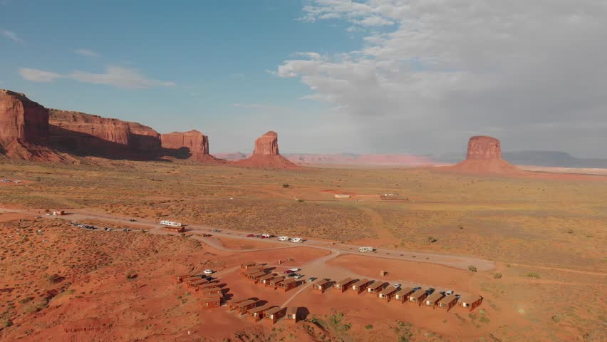 Aerial panoramic view of Monument Valley National Park at summer sunset, United States