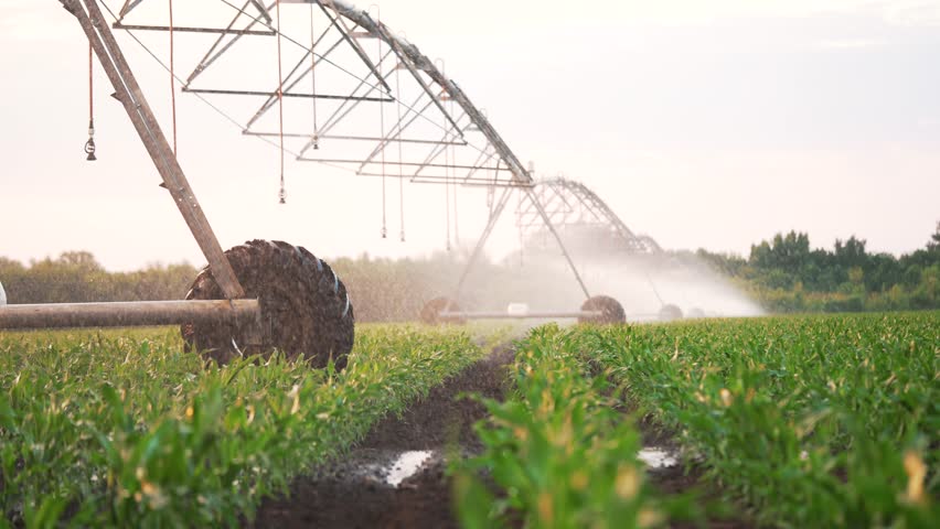 Agriculture.Irrigation system for green corn field.Watering summer harvest on green corn plantation.Farmer irrigation system for organic crops.Watering corn field. Irrigation of organic crops Royalty-Free Stock Footage #1106102551