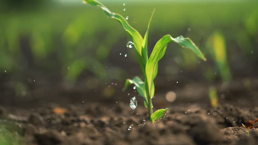 Agriculture. Green corn germ in drops of life-giving water. Farmer waters green corn sprout in fertile soil.Organic farm watering corn. Rain on leaves of plants.Agricultural production of corn on farm Royalty-Free Stock Footage #1106102575