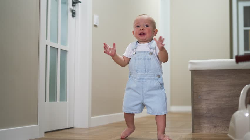Baby's first steps. Toddler at home takes funny first steps. legs close-up. Baby's feet on floor at home. Kid's dream is to teaches to walk at home. Toddler learning to walk at home. walk baby teaches Royalty-Free Stock Footage #1106102579