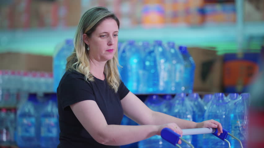 Woman pushing shopping cart walking through supermarket aisle