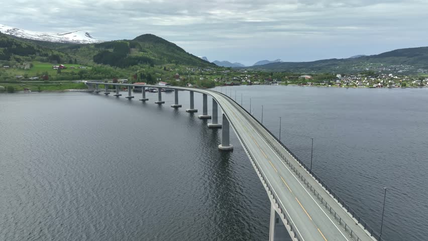 Aerial above Tresfjord Bridge close to Molde in western Norway