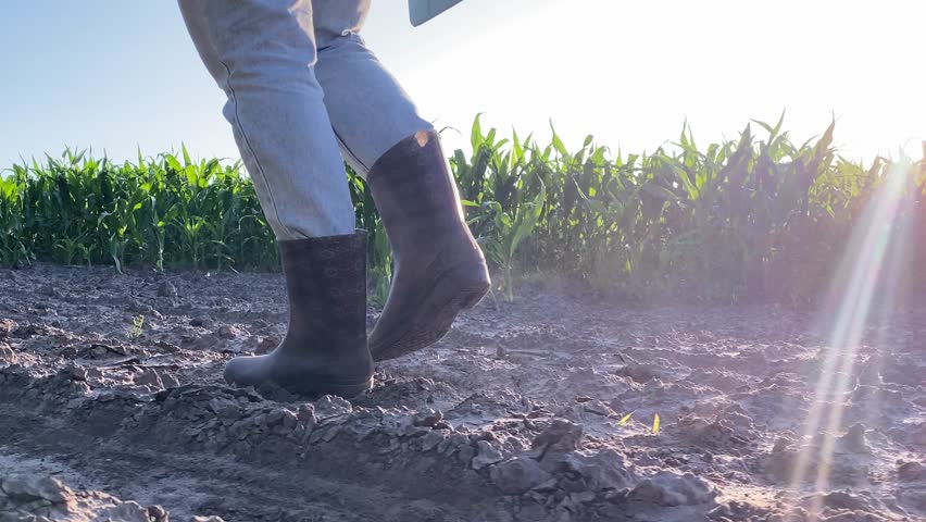 Side view low section female farmer in rubber boots walks dirt road alongside cornfield rows. Agricultural landscape under blue sky of golden hour sunset. Young woman agronomist inspects crop field Royalty-Free Stock Footage #1106106829